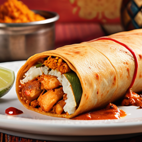 Home 15 **Paneer Tikka Masala Roll:** A vibrant paneer tikka masala roll, showcasing the filling and the wrap, with colorful Indian spices in the background.