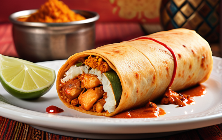 **Paneer Tikka Masala Roll:** A vibrant paneer tikka masala roll, showcasing the filling and the wrap, with colorful Indian spices in the background.