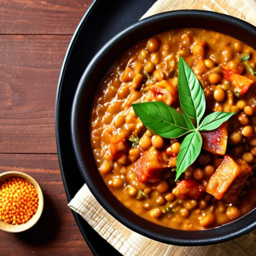 Home 14 **Kimchi Dal Fusion:** A vibrant plate of lentil stew (dal) infused with kimchi, showcasing a fusion of Bengali and Korean flavors. Garnish with curry leaves.