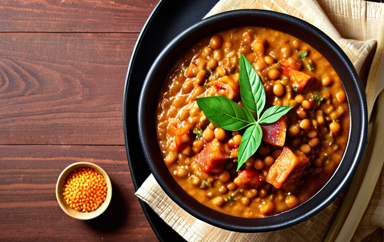 **Kimchi Dal Fusion:** A vibrant plate of lentil stew (dal) infused with kimchi, showcasing a fusion of Bengali and Korean flavors. Garnish with curry leaves.