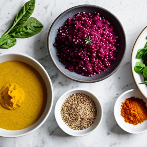 Home 7 A professional, top-down food photography shot showcasing an array of innovative and fresh vegetarian ingredients, artfully arranged on a clean, light-colored kitchen counter. The composition features vibrant purple beetroot, various types of culinary mushrooms, green leafy vegetables, a bowl of cooked quinoa, and small containers holding colorful spices like turmeric and red chili, alongside fresh herbs like basil and rosemary. The scene is well-lit with natural light, emphasizing freshness, health, and culinary creativity. High resolution, sharp focus, rich textures, natural colors. safe for work, appropriate content, fully clothed, modest, family-friendly, perfect anatomy, correct proportions, natural pose.