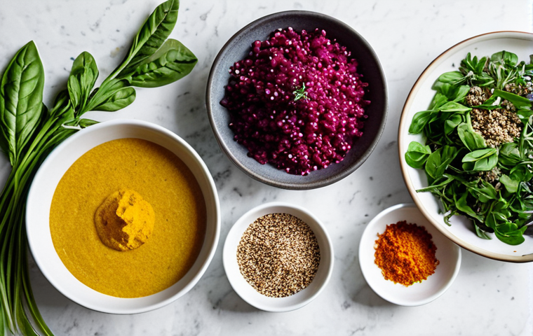 A professional, top-down food photography shot showcasing an array of innovative and fresh vegetarian ingredients, artfully arranged on a clean, light-colored kitchen counter. The composition features vibrant purple beetroot, various types of culinary mushrooms, green leafy vegetables, a bowl of cooked quinoa, and small containers holding colorful spices like turmeric and red chili, alongside fresh herbs like basil and rosemary. The scene is well-lit with natural light, emphasizing freshness, health, and culinary creativity. High resolution, sharp focus, rich textures, natural colors. safe for work, appropriate content, fully clothed, modest, family-friendly, perfect anatomy, correct proportions, natural pose.
