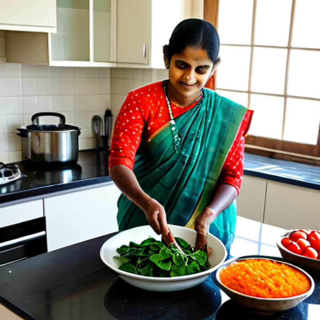 Preparing Fresh Vegetables**
A woman in a modest kitchen, carefully washing colorful, freshly picked vegetables (spinach, carrots, tomatoes) in a large bowl of water. She is fully clothed in a traditional Bengali sari. The kitchen is bright and clean, with natural light streaming in. Perfect anatomy, correct proportions, well-formed hands, proper finger count, natural pose. Safe for work, appropriate content, fully clothed, family-friendly, professional photography, high quality.
**