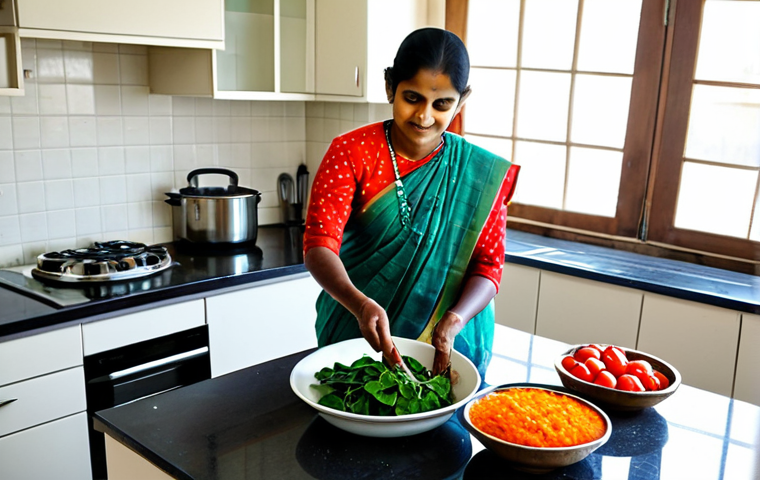 Preparing Fresh Vegetables**
A woman in a modest kitchen, carefully washing colorful, freshly picked vegetables (spinach, carrots, tomatoes) in a large bowl of water. She is fully clothed in a traditional Bengali sari. The kitchen is bright and clean, with natural light streaming in. Perfect anatomy, correct proportions, well-formed hands, proper finger count, natural pose. Safe for work, appropriate content, fully clothed, family-friendly, professional photography, high quality.
**