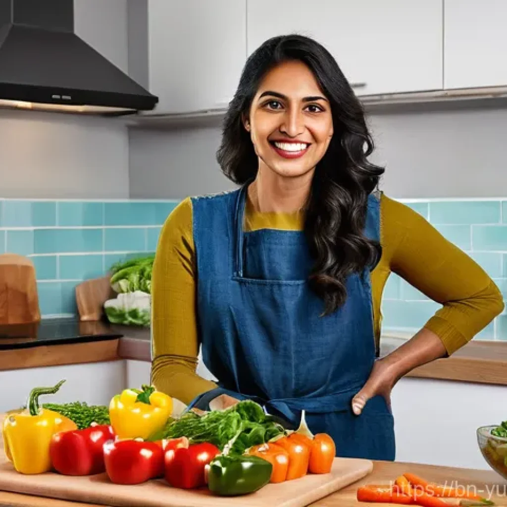채식 요리에 필수인 조리 도구와 팁 - **Prompt 1: Modern Vegetarian Kitchen Efficiency**
"A bright, modern kitchen featuring a smiling...