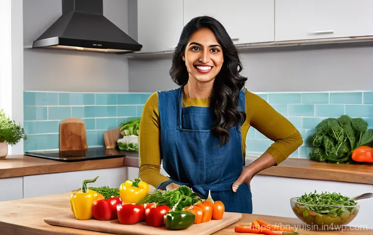 채식 요리에 필수인 조리 도구와 팁 - **Prompt 1: Modern Vegetarian Kitchen Efficiency**
"A bright, modern kitchen featuring a smiling...