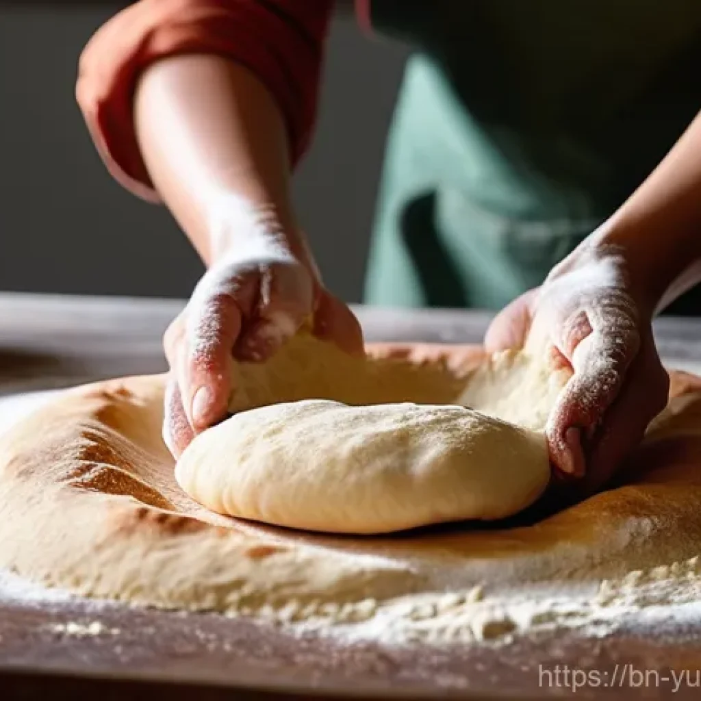 인도 채식 요리 커리와 난 조리법 - **"A close-up shot of skilled hands gently kneading soft, elastic dough on a wooden surface, dusted ...