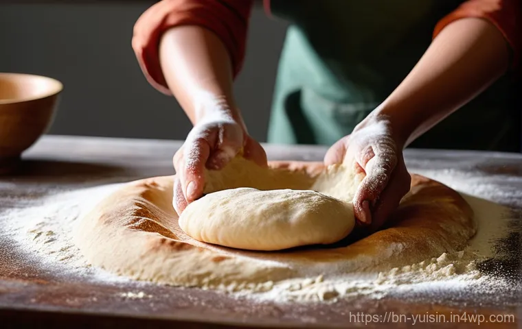 인도 채식 요리 커리와 난 조리법 - **"A close-up shot of skilled hands gently kneading soft, elastic dough on a wooden surface, dusted ...