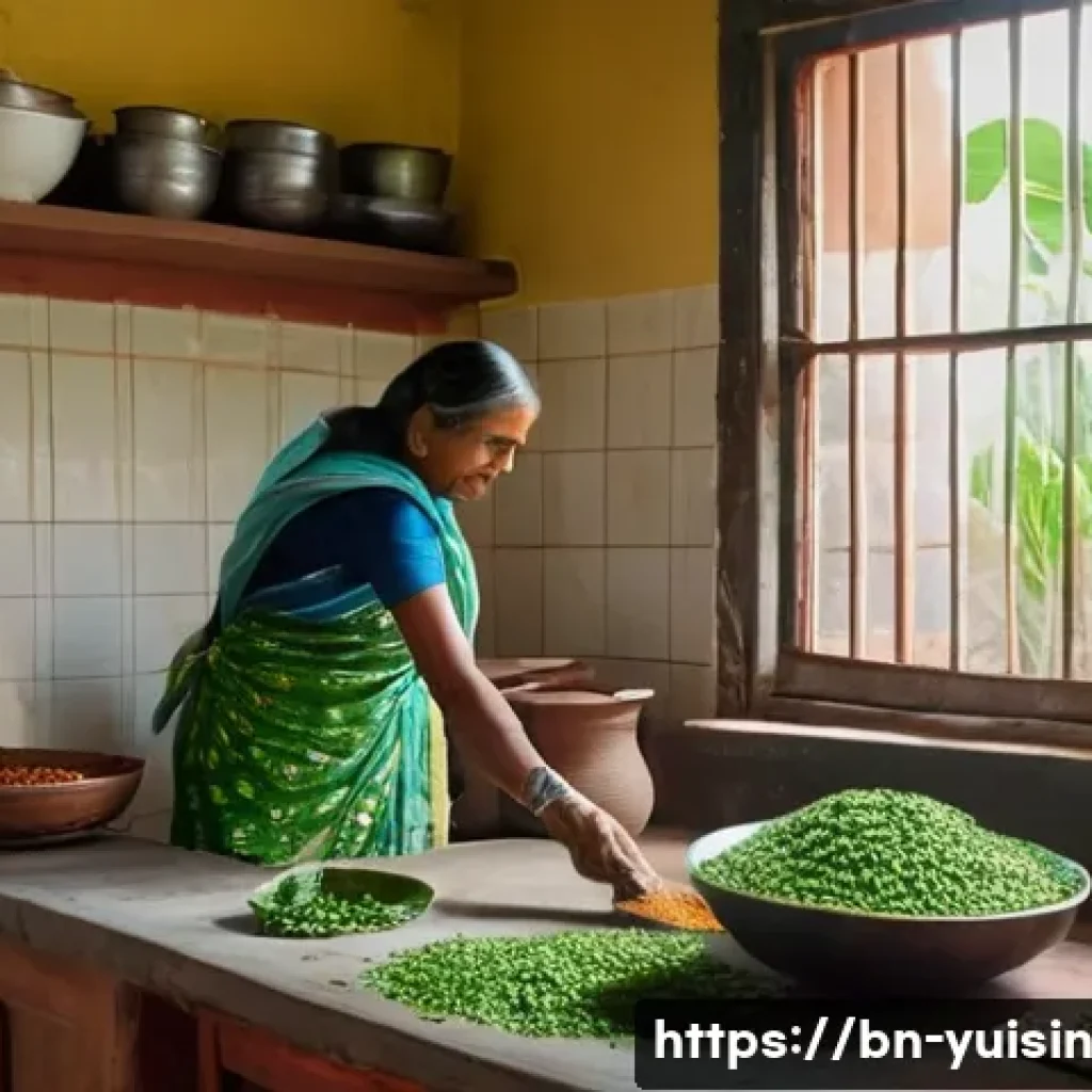 채식 요리 시 주의사항 영양소 결핍 예방하기 - A vibrant Bengali kitchen scene featuring a middle-aged Bengali woman wearing a colorful saree and a...