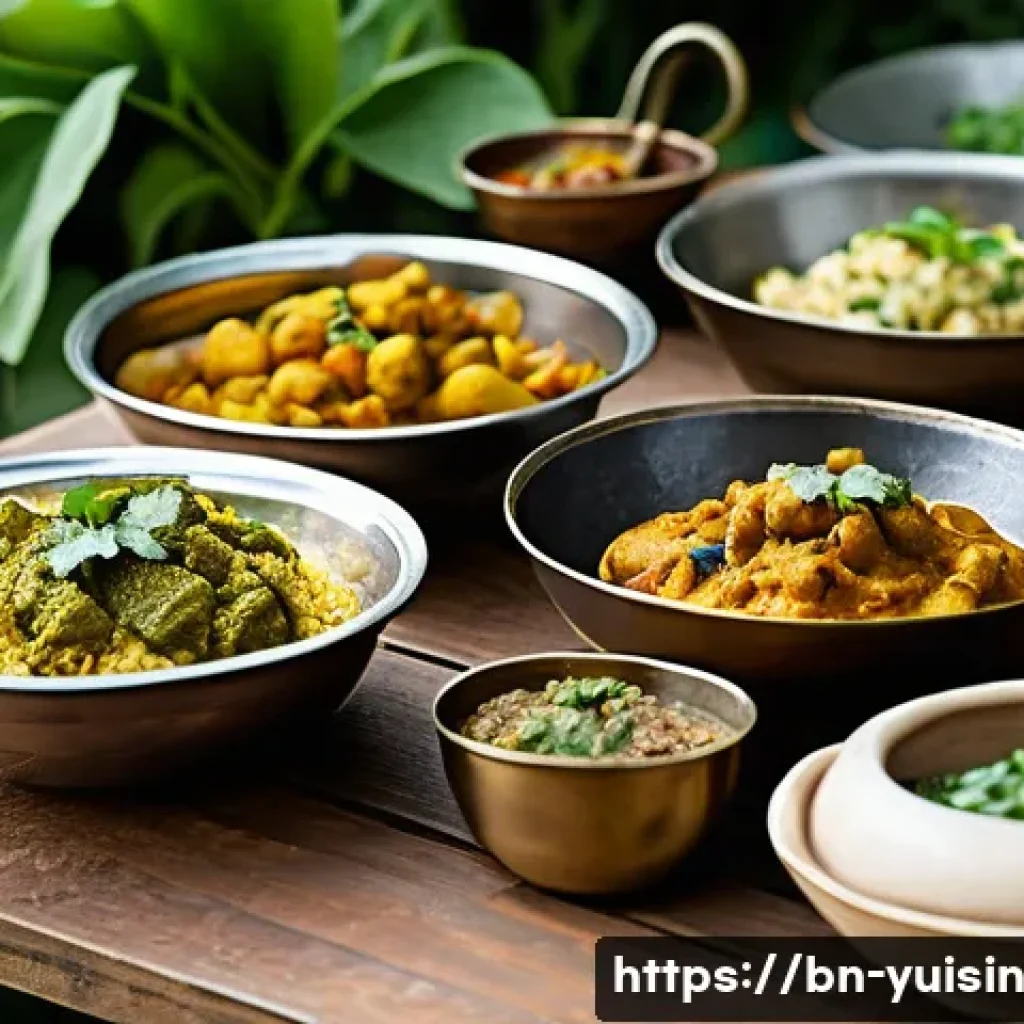 채식 요리의 역사 각 문화에서의 발전 - A vibrant South Asian vegetarian feast set on a traditional low wooden table outdoors, featuring col...