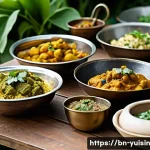 Home 21 채식 요리의 역사 각 문화에서의 발전 - A vibrant South Asian vegetarian feast set on a traditional low wooden table outdoors, featuring col...