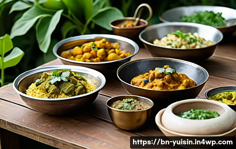 채식 요리의 역사 각 문화에서의 발전 - A vibrant South Asian vegetarian feast set on a traditional low wooden table outdoors, featuring col...