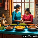Home 20 채식용 대체 육류 글로벌 트렌드 분석 - A vibrant and detailed kitchen scene showcasing a Bengali family preparing plant-based meat dishes, ...