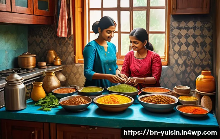 채식용 대체 육류 글로벌 트렌드 분석 - A vibrant and detailed kitchen scene showcasing a Bengali family preparing plant-based meat dishes, ...