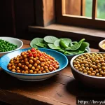 Home 19 채식 요리를 위한 스마트한 식단 짜기 - A vibrant, colorful vegetarian meal spread featuring a variety of protein-rich legumes like chickpea...