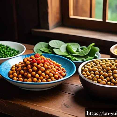 Home 31 채식 요리를 위한 스마트한 식단 짜기 - A vibrant, colorful vegetarian meal spread featuring a variety of protein-rich legumes like chickpea...