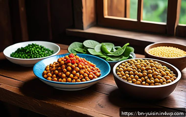 채식 요리를 위한 스마트한 식단 짜기 - A vibrant, colorful vegetarian meal spread featuring a variety of protein-rich legumes like chickpea...