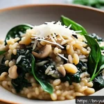 Home 18 유럽 채식 요리 이탈리안 리조또 완벽 가이드 - A close-up, high-resolution image of a creamy vegetarian risotto served in a rustic ceramic bowl. Th...