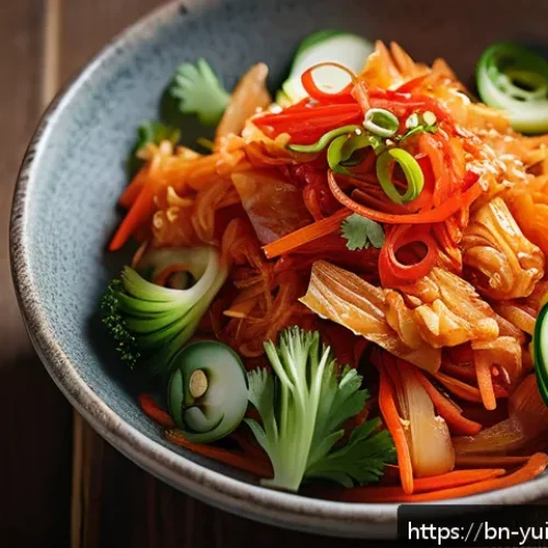 Home 17 채식 요리에서의 발효 음식 활용법 - A vibrant, close-up image of a traditional Korean kimchi salad served in a rustic ceramic bowl, feat...