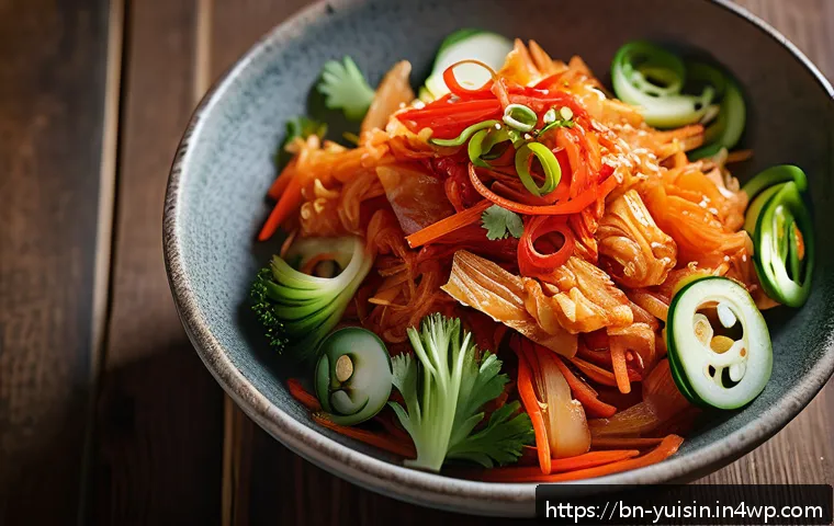채식 요리에서의 발효 음식 활용법 - A vibrant, close-up image of a traditional Korean kimchi salad served in a rustic ceramic bowl, feat...