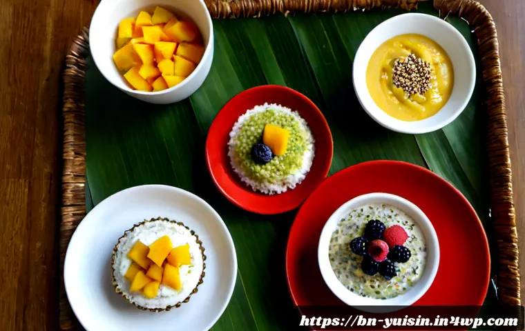 채식 디저트  세계의 달콤한 레시피 - Photorealistic overhead food scene of a colorful global vegan dessert tasting table, featuring cocon...