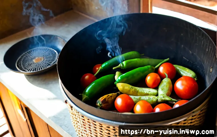 Home 17 채식 요리에서의 새로운 조리 기법 스모크와 드라이 - Photorealistic Bengali-inspired vegetarian kitchen scene, a home cook gently smoking whole eggplants...